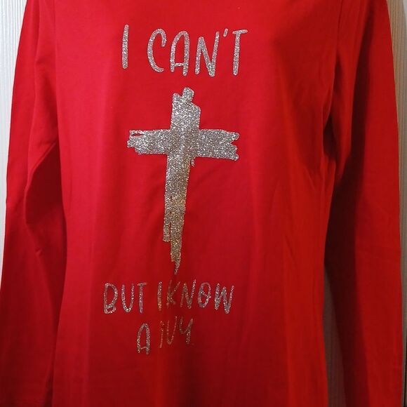 Red long sleeve cross shirt I Can't But I know a Guy tshirt Sz L Juniors - Picture 3 of 5